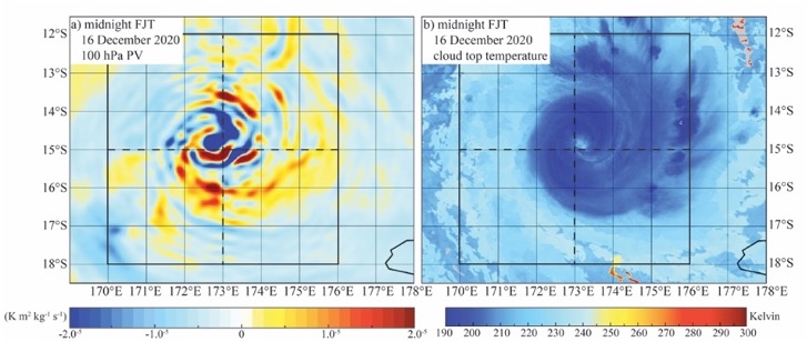 ECMWF 100 hPa PV and Himawari-8 cloud-top temperature for Tropical Cyclones Yasa