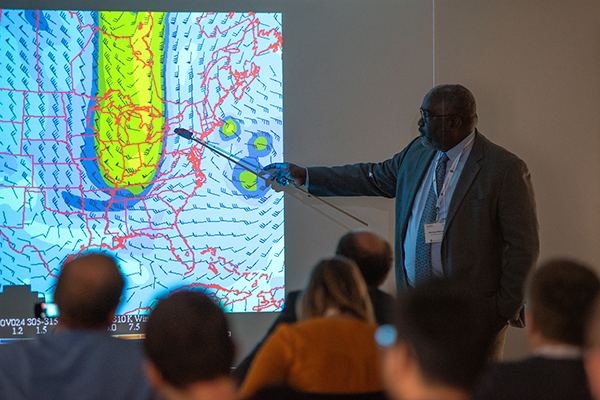 Professor Michael Morgan presenting at Weather Watch